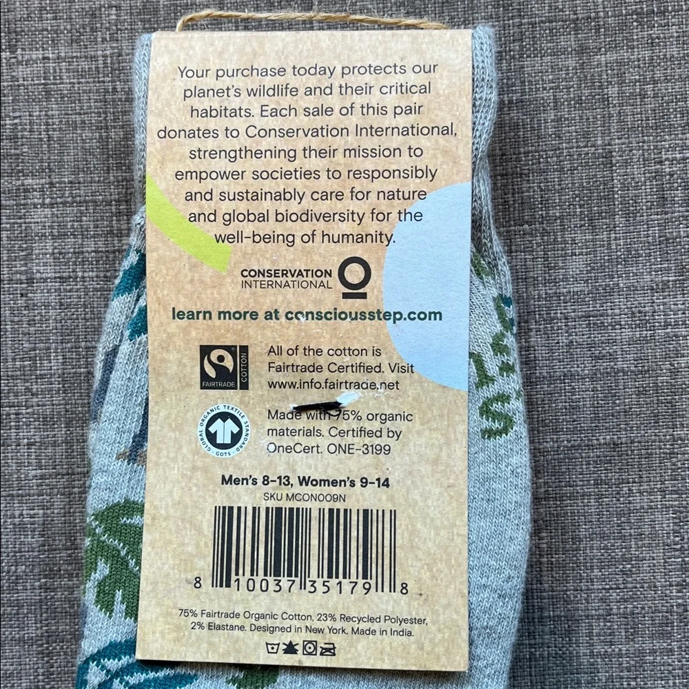 Conscious Step Organic Cotton Blend Sloth Socks NWT Adult